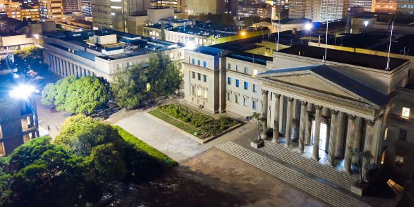 Aerial shot of the Great Hall at night